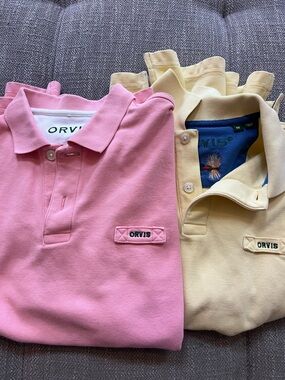 Orvis Fly Fishing Men’s embroidered polo t-shirt Medium Lot Of 2 Pink Yellow